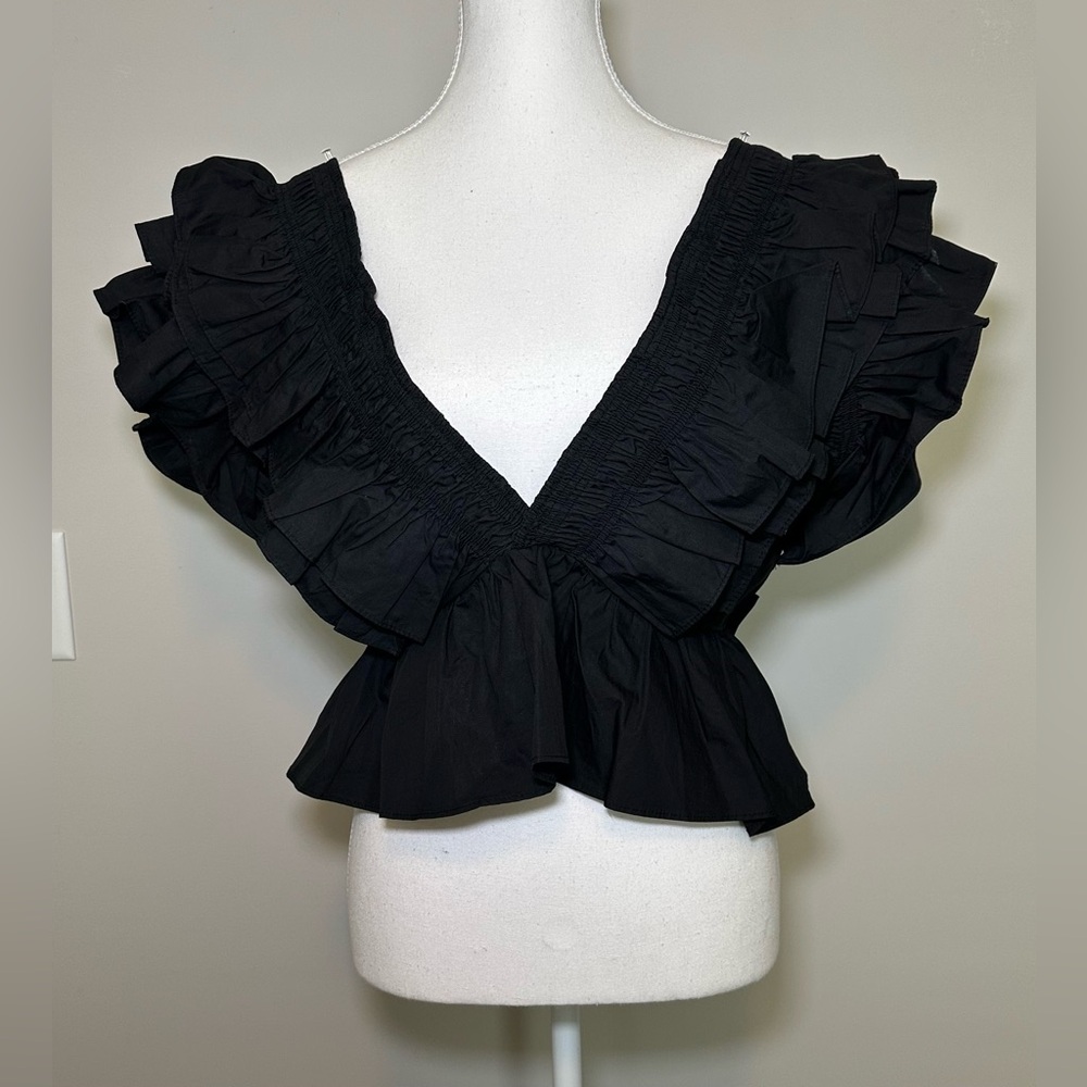 Nasty Gal ruffle pointed dramatic shoulder puff black peplum deep v-neck fashion - Picture 3 of 11